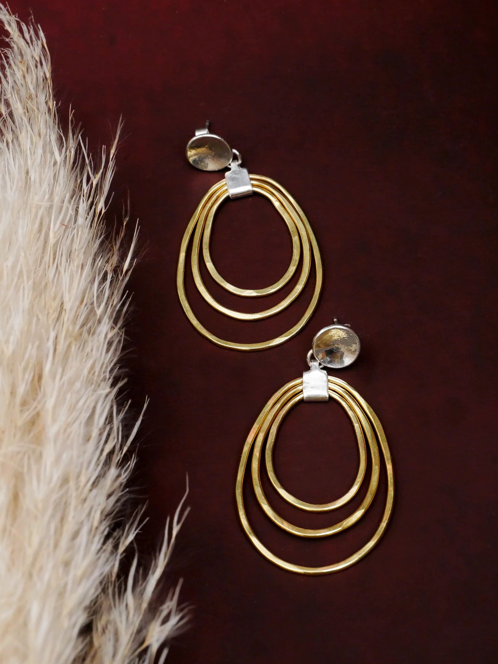 Boucles d'Oreilles Argent 950 & Laiton Martelé | Bijou Artisanal Fait Main Bordeaux