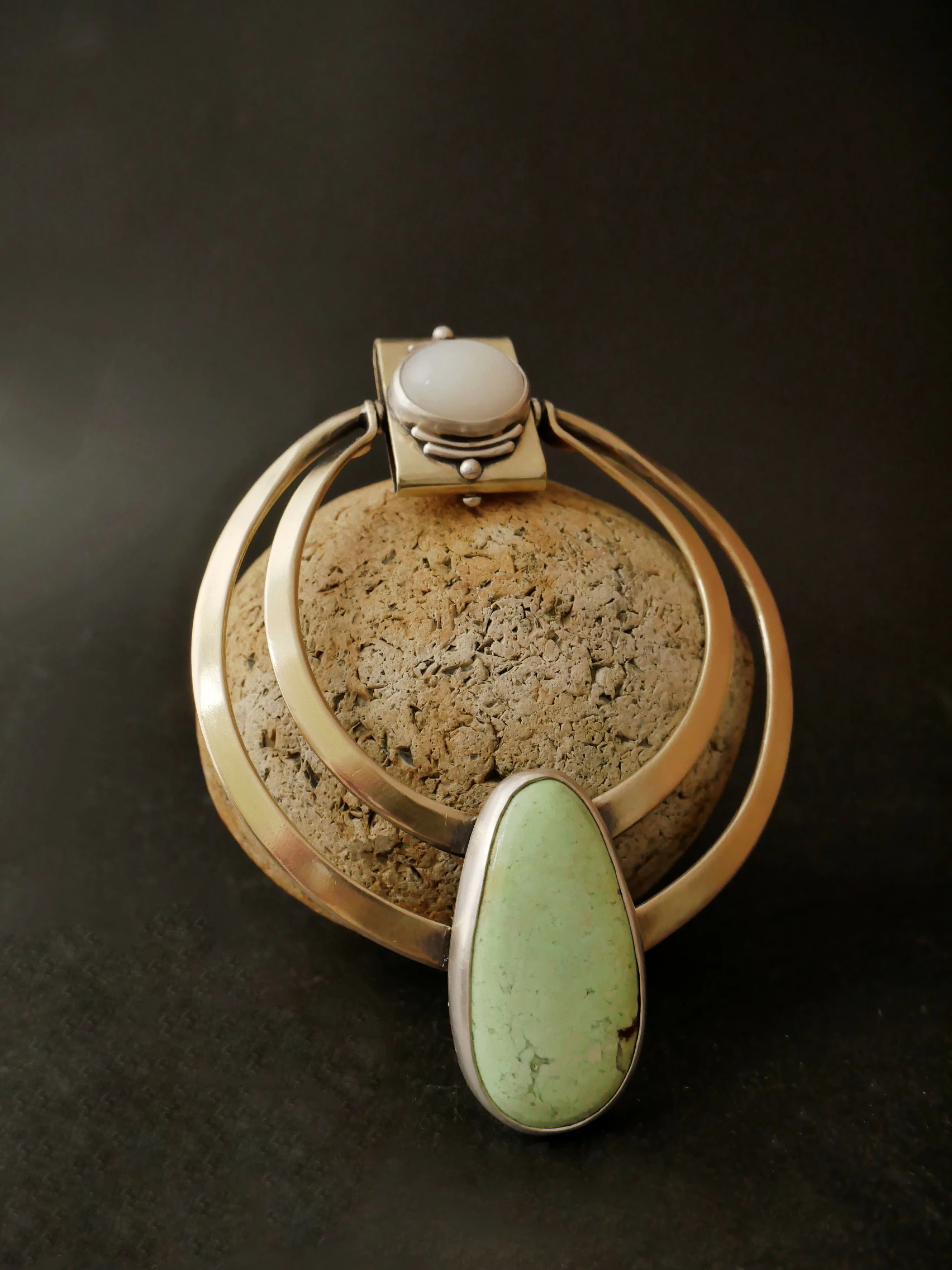 Handcrafted transformable pendant Eliz'art – brass and silver, lemon magnesite and white moonstone, unique reversible piece