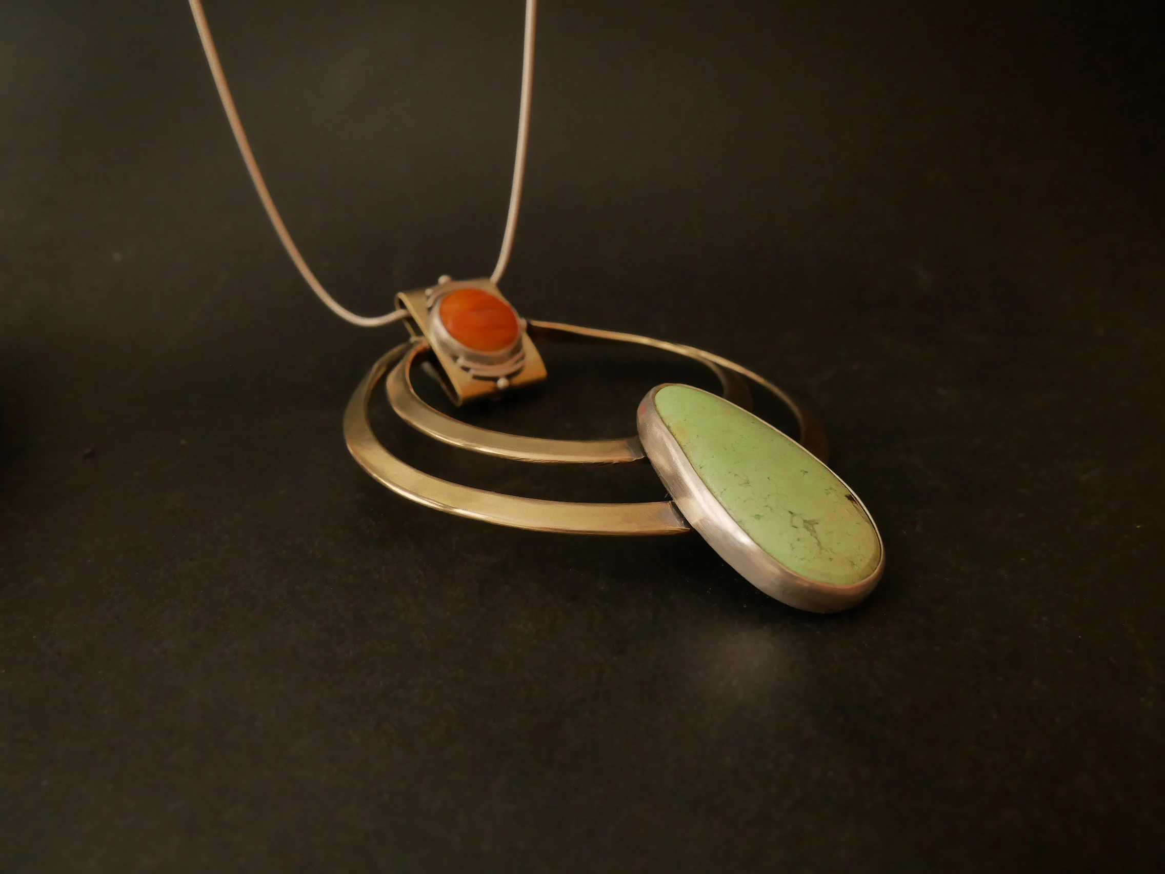 Handcrafted statement pendant Eliz'art – brass and silver, green lemon magnesite and orange spiny oyster cabochon, unique piece