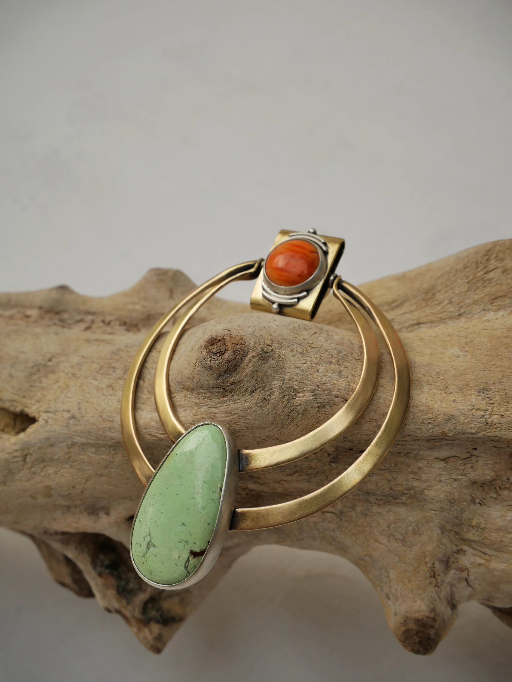 Handcrafted statement pendant Eliz'art – brass and silver, green lemon magnesite and orange spiny oyster cabochon, unique piece