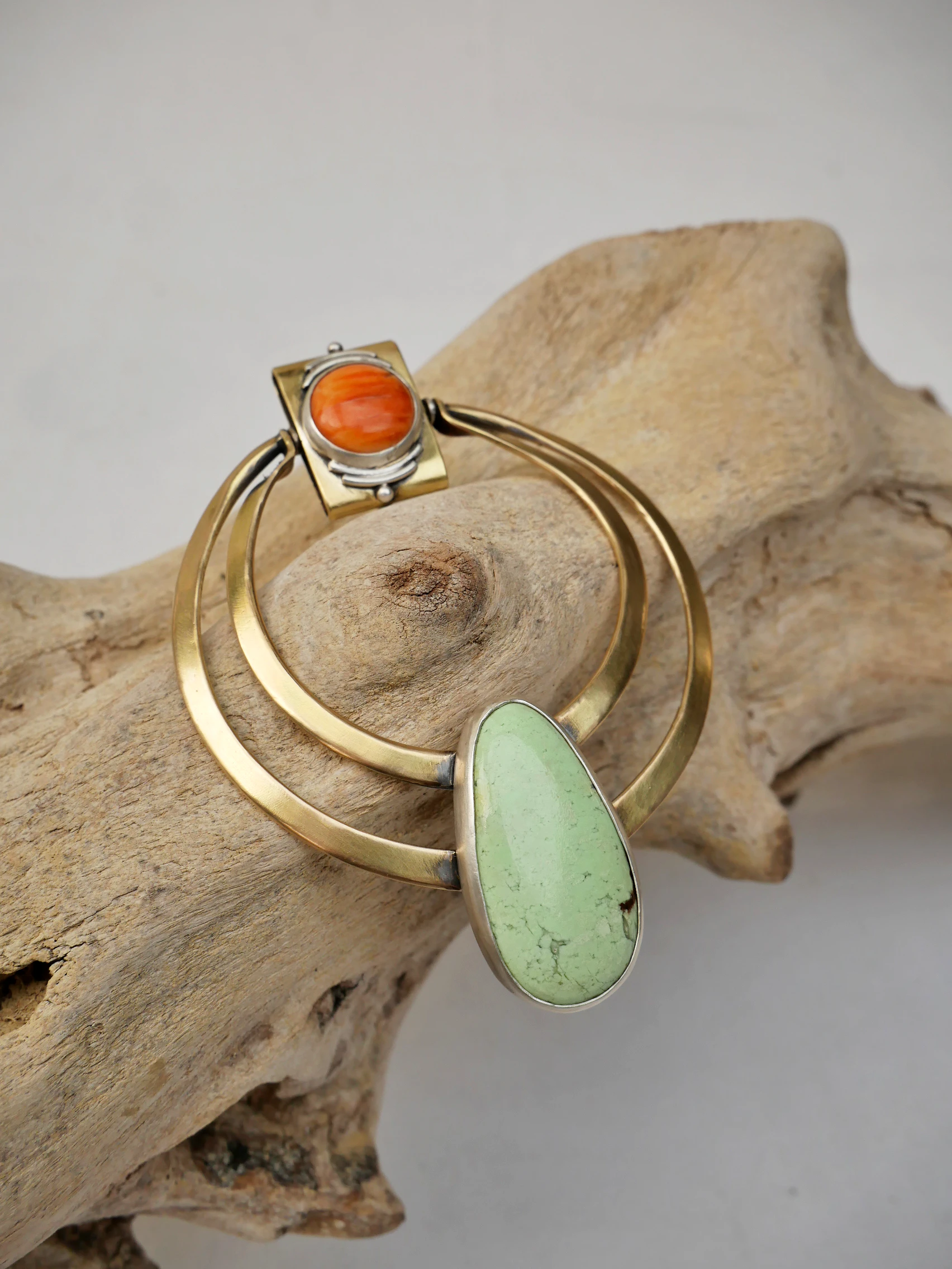 Handcrafted statement pendant Eliz'art – brass and silver, green lemon magnesite and orange spiny oyster cabochon, unique piece
