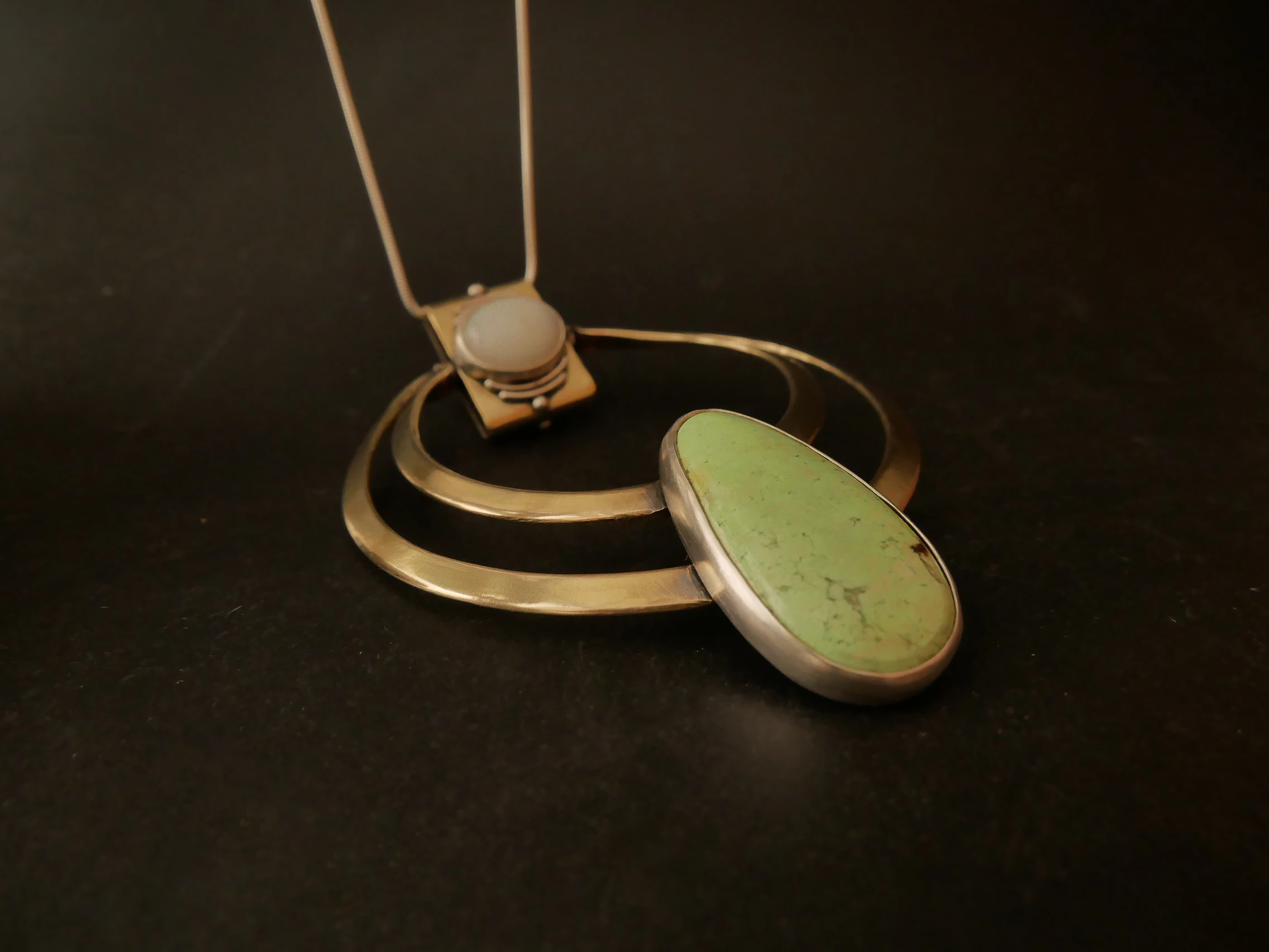 Handcrafted transformable pendant Eliz'art – brass and silver, lemon magnesite and white moonstone, unique reversible piece