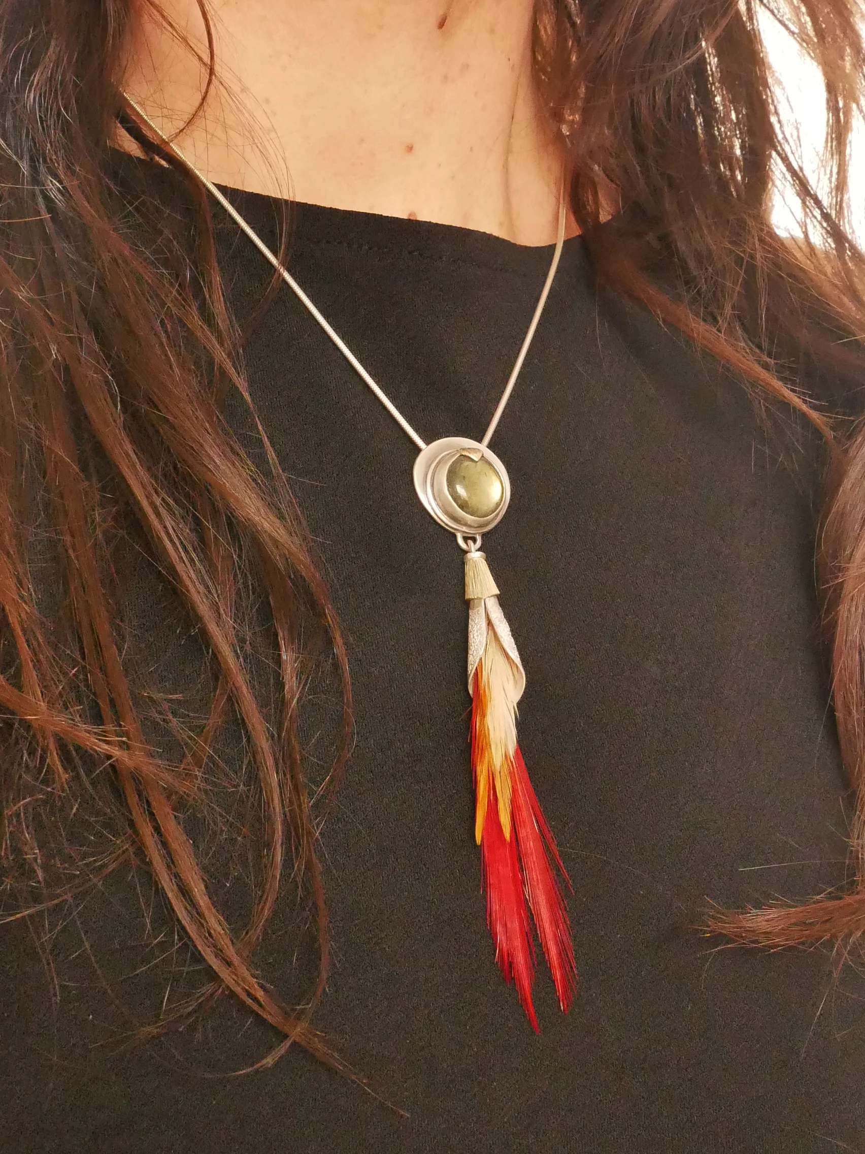 andcrafted pendant Eliz'art – sterling silver and labradorite, natural feathers cream orange red gradient, brass, unique piece
