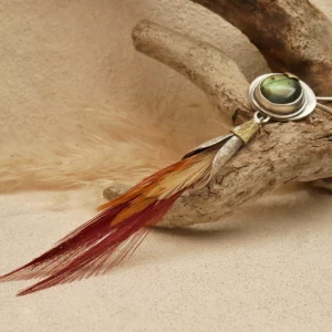 Eliz'art phoenix pendant – set labradorite sterling silver, natural fire-gradient feathers, textured brass, unique creation Bordeaux