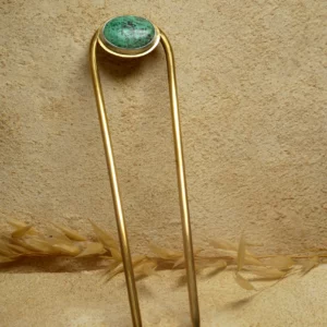 Pic à cheveux artisanal en laiton, argent et chrysocolle. Pièce unique, fait main par Eliz'art, bijoutière-orfèvre à Bordeaux